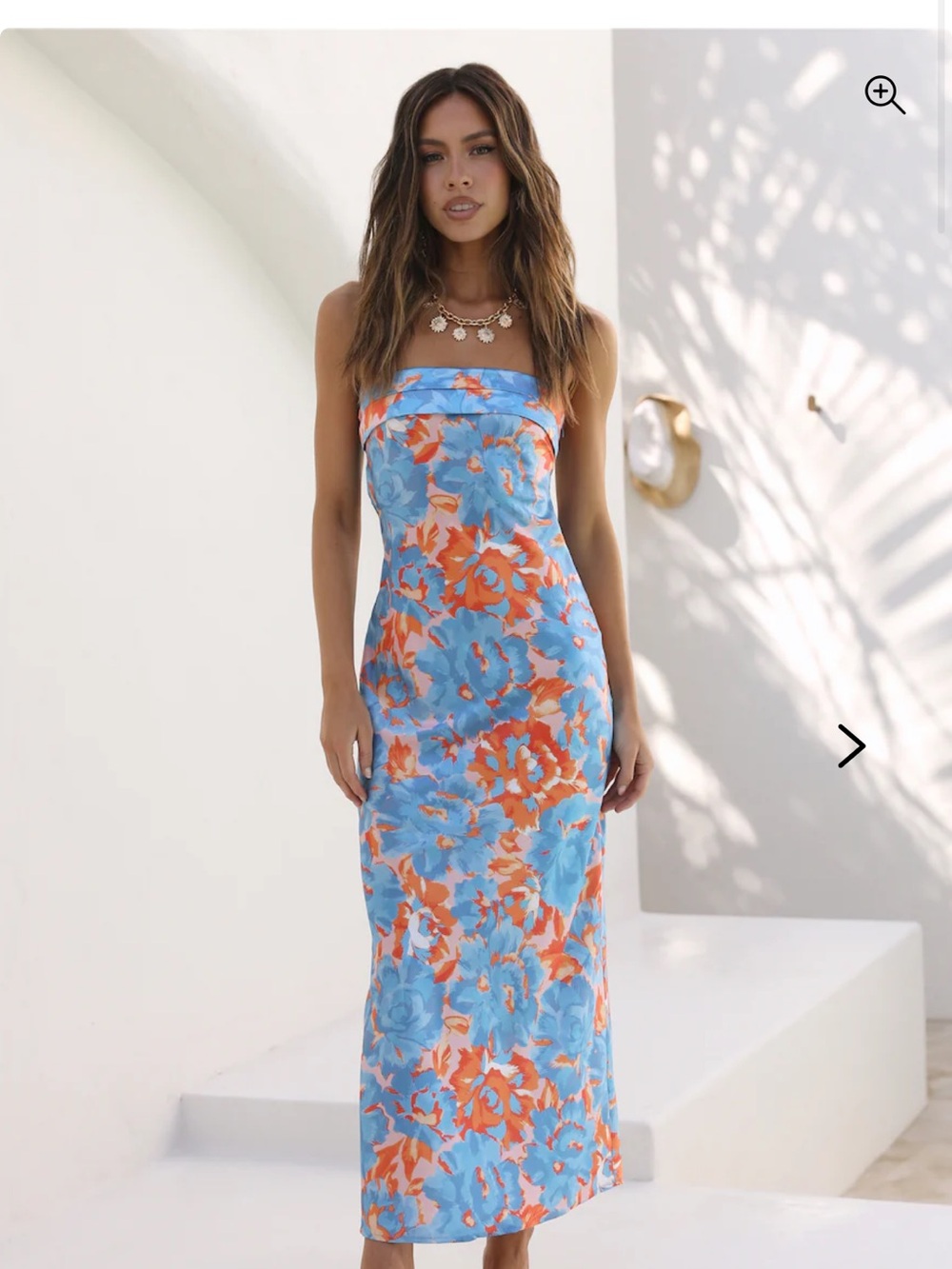 Hello Molly Strapless Floral Midi Dress in Blue and Orange